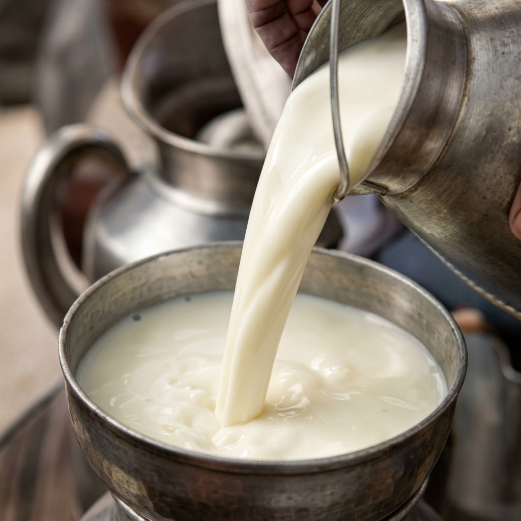 Hand milking fresh milk from Desi cow